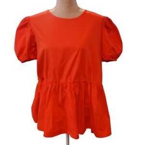 Jack + Avery XL Red Puff Sleeve Peplum Babydoll Top Blouse Orange  Red Cotton